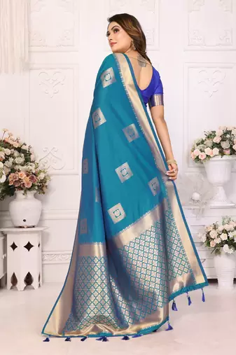 Blue soft art silk blend with zari weaving borders saree with blouse