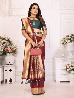 Brown soft art silk blend with zari weaving borders saree with blouse 2