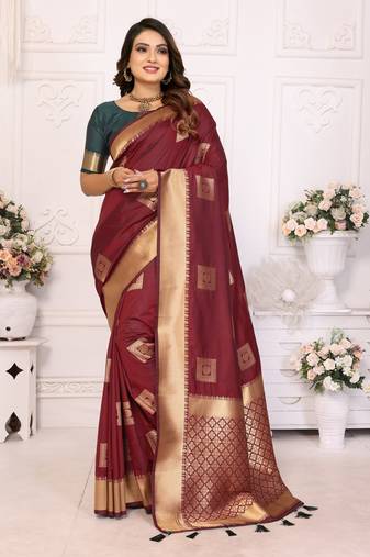 Brown soft art silk with zari weaving borders saree with blouse