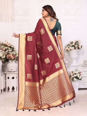 Brown soft art silk blend with zari weaving borders saree with blouse 3