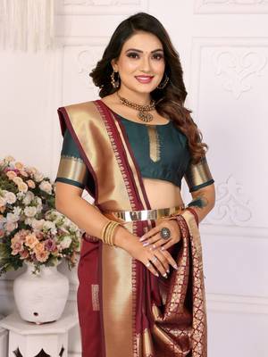 Brown soft art silk blend with zari weaving borders saree with blouse 4