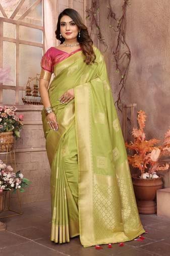 Light green soft art silk with zari weaving borders saree with blouse