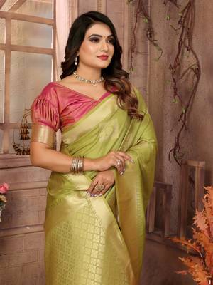 Light green soft art silk blend with zari weaving borders saree with blouse 4