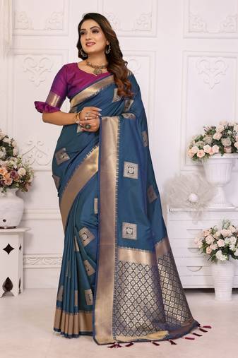 Navy blue soft art silk with zari weaving borders saree with blouse
