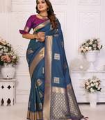Navy blue soft art silk blend with zari weaving borders saree with blouse