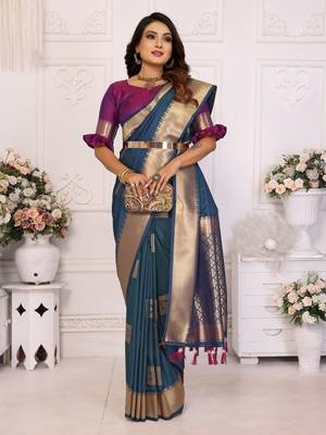 Navy blue soft art silk blend with zari weaving borders saree with blouse 2