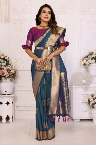 Navy blue soft art silk blend with zari weaving borders saree with blouse