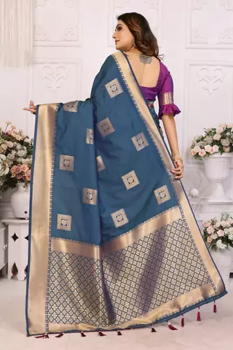 Navy blue soft art silk blend with zari weaving borders saree with blouse
