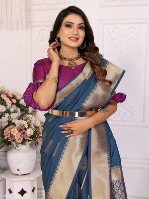Navy blue soft art silk blend with zari weaving borders saree with blouse 4