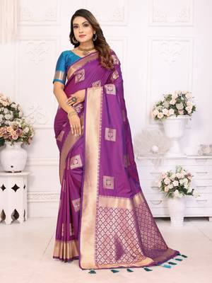 Purple soft art silk blend with zari weaving borders saree with blouse 1