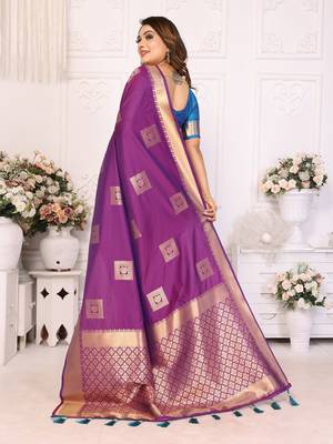 Purple soft art silk blend with zari weaving borders saree with blouse 2