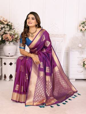 Purple soft art silk blend with zari weaving borders saree with blouse 3