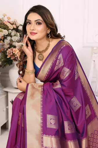 Purple soft art silk blend with zari weaving borders saree with blouse