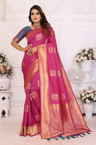 Rani pink soft art silk with zari weaving borders saree with blouse