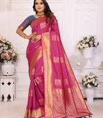 Rani pink soft art silk blend with zari weaving borders saree with blouse