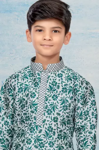 Off white flower printed kurta pajama with thread work