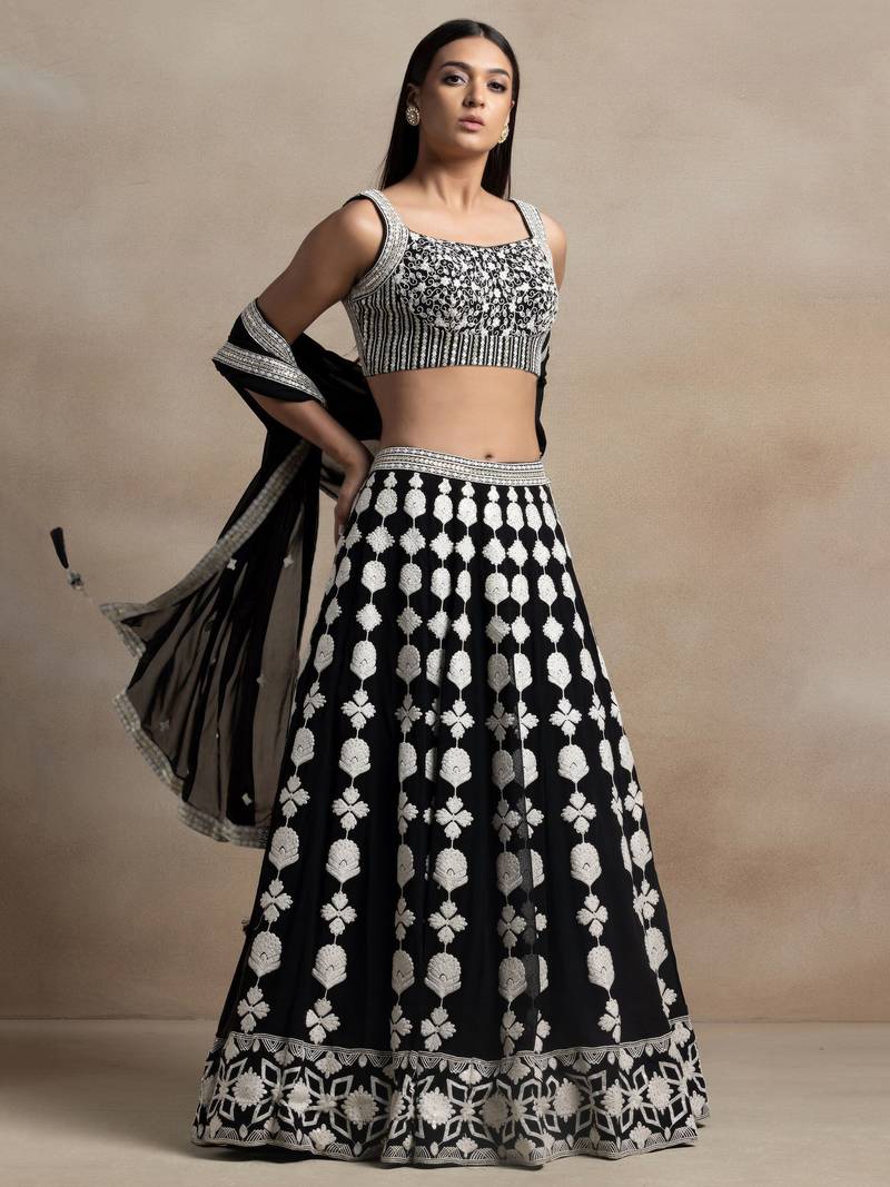 Adorable Black Sequins Georgette Wedding Lehenga Choli With Dupatta
