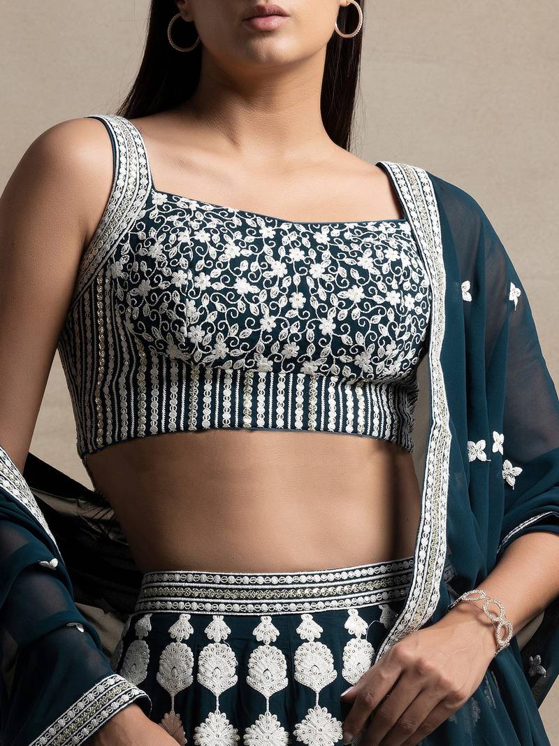 Wonderful Green Sequins Georgette Wedding Lehenga Choli With Dupatta