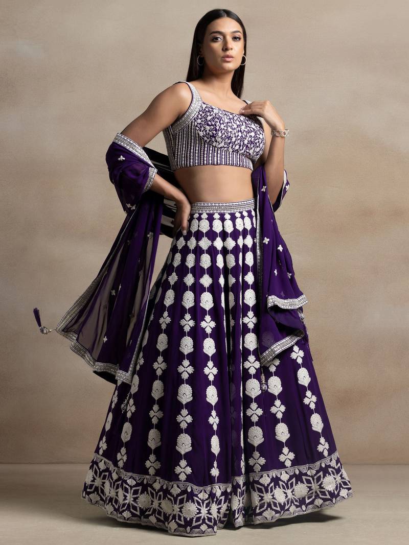 Wonderful Purple Sequins Georgette Wedding Lehenga Choli With Dupatta