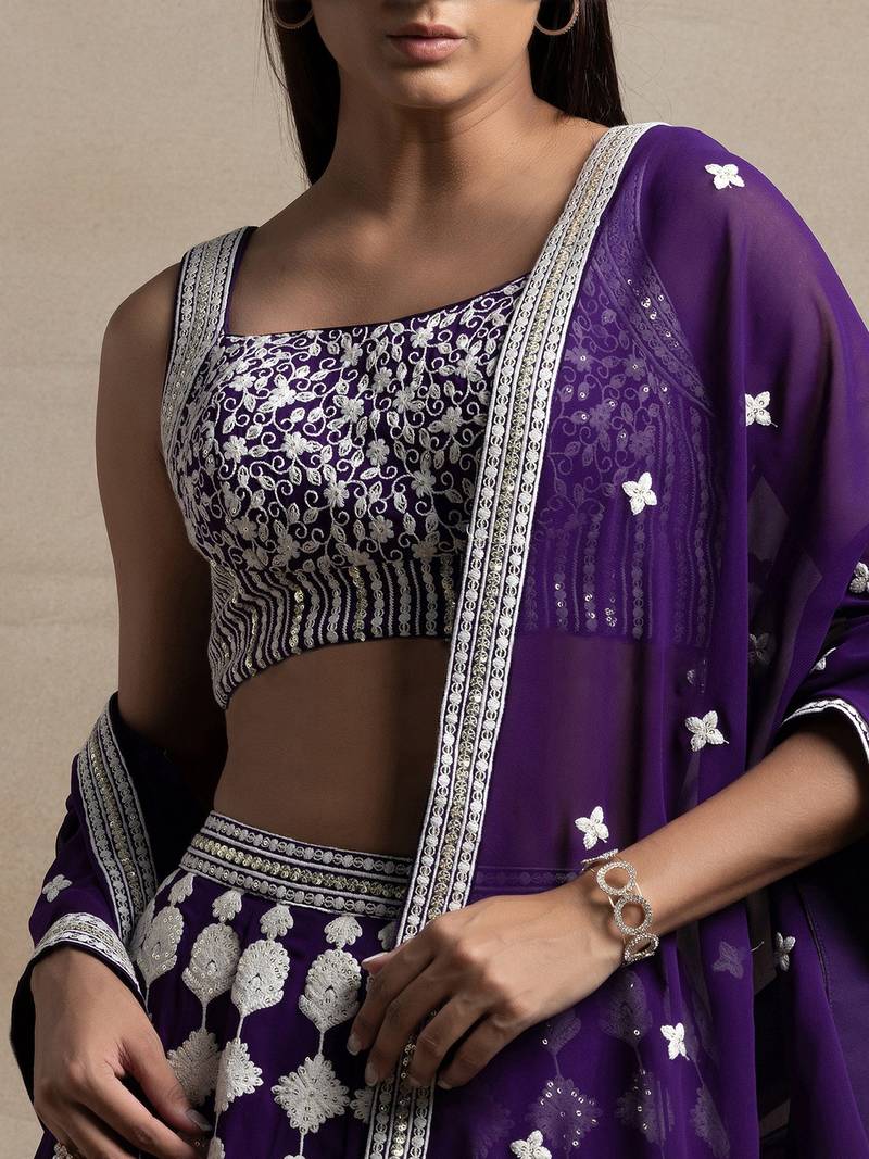 Wonderful Purple Sequins Georgette Wedding Lehenga Choli With Dupatta