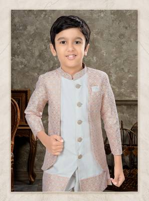 Off white classic indowestern sherwani set with thread and less work with fancy button 2