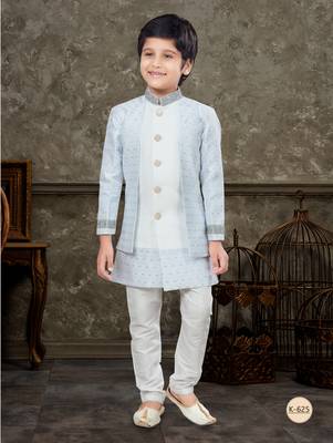 Off white classic indowestern sherwani set with thread and less work with fancy button 1
