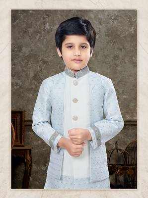 Off white classic indowestern sherwani set with thread and less work with fancy button 2