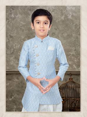 Off white classic indowestern sherwani set with thread and less work with fancy button 2