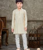 Off white soft silk with fancy botton & thread work kurta pajama set