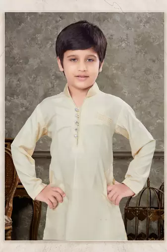 Off white soft silk with fancy botton & thread work kurta pajama set