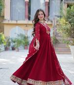 Maroon Designer Wedding N Karwa Couth Wear Embroidery Work Gown With Dupatta
