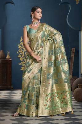 Designer sea green weaving zari border organa saree 1