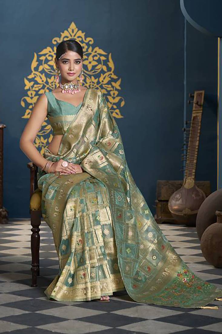 Designer sea green weaving zari border organa saree
