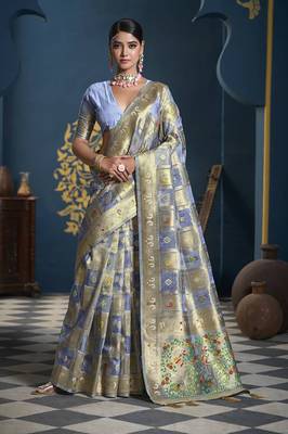 Designer grey weaving zari border organa saree 1
