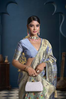 Designer grey weaving zari border organa saree 2
