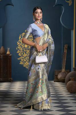 Designer grey weaving zari border organa saree 3