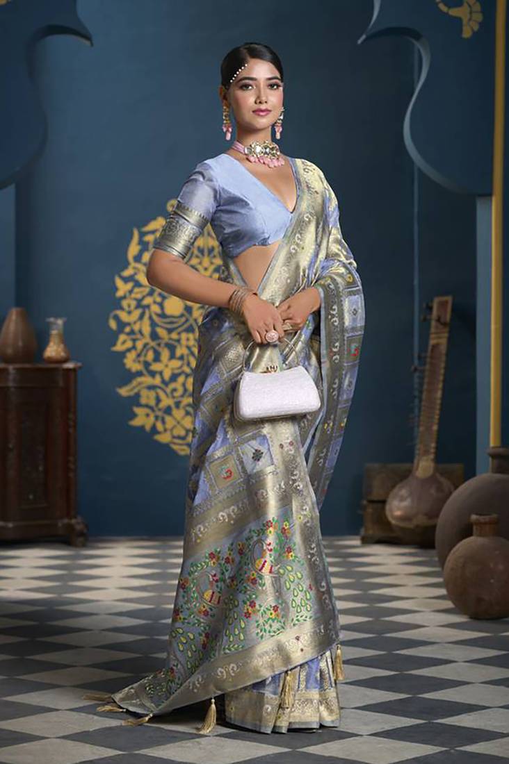 Designer grey weaving zari border organa saree