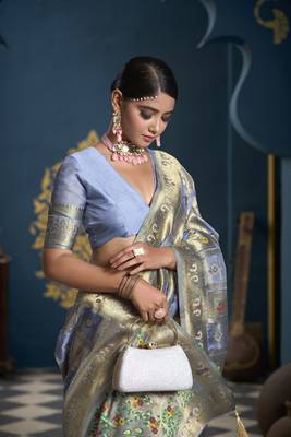 Designer grey weaving zari border organa saree 4