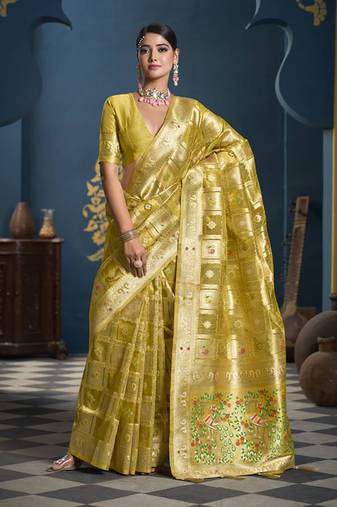 Designer yellow weaving zari border organa saree