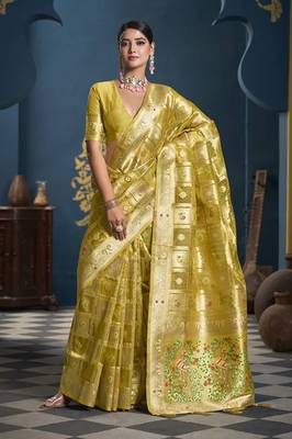 Designer yellow weaving zari border organa saree 1
