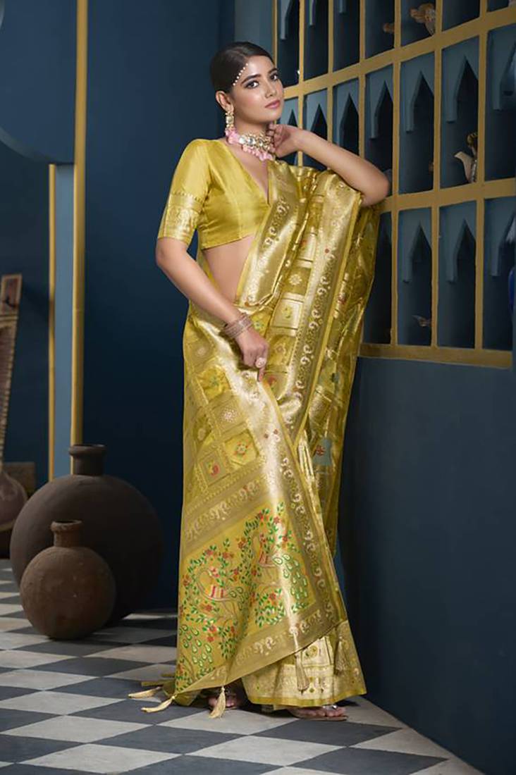 Designer yellow weaving zari border organa saree