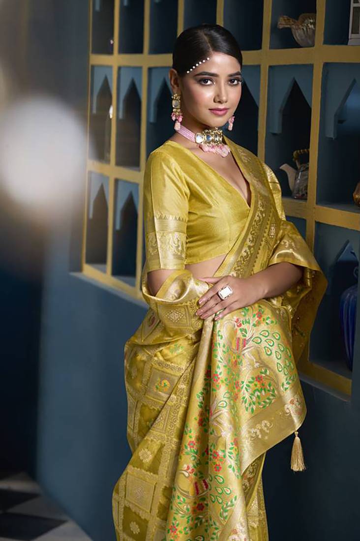 Designer yellow weaving zari border organa saree