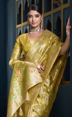 Designer yellow weaving zari border organa saree 4