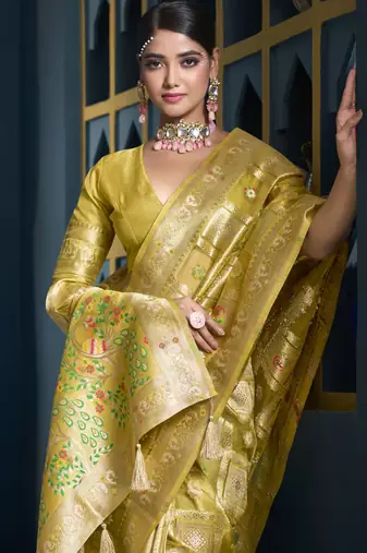 Designer yellow weaving zari border organa saree