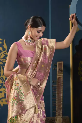 Designer pink weaving zari border organa saree