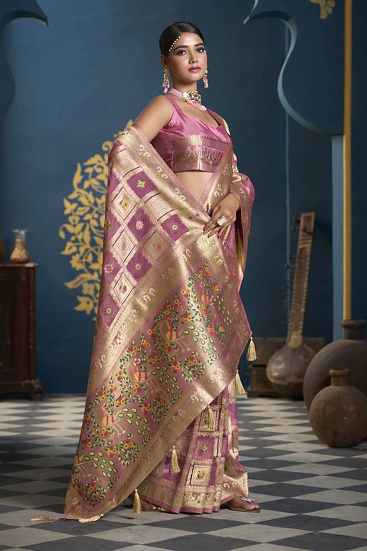 Designer pink weaving zari border organa saree