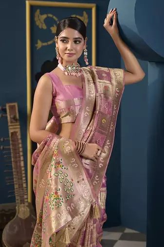 Designer pink weaving zari border organa saree