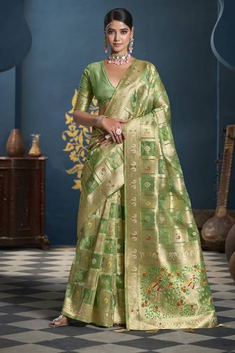 Designer green weaving zari border organa saree