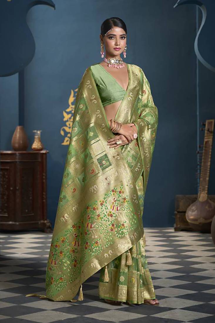 Designer green weaving zari border organa saree