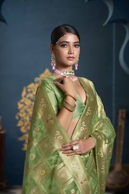 Designer green weaving zari border organa saree 4